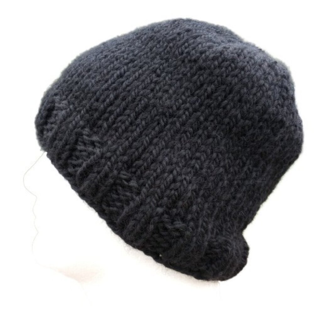 Men's Black Beanie Hat Alpaca Wool Cap Hand Knitted Slouch Handmade